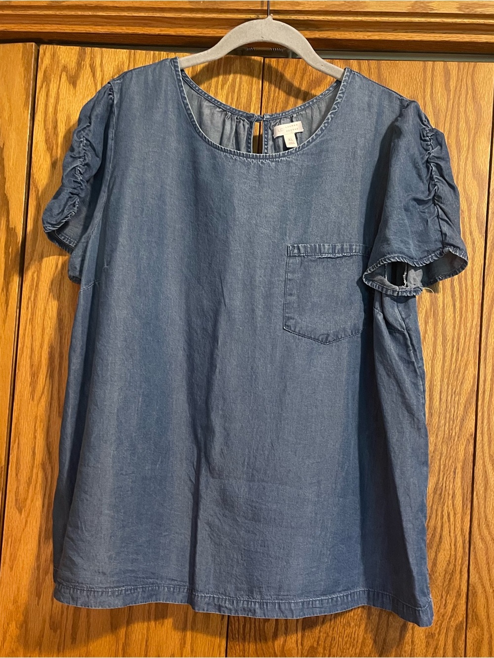 LC Lauren Conrad Denim-Look Short Sleeve Ruffle Shoulder Top - Blue